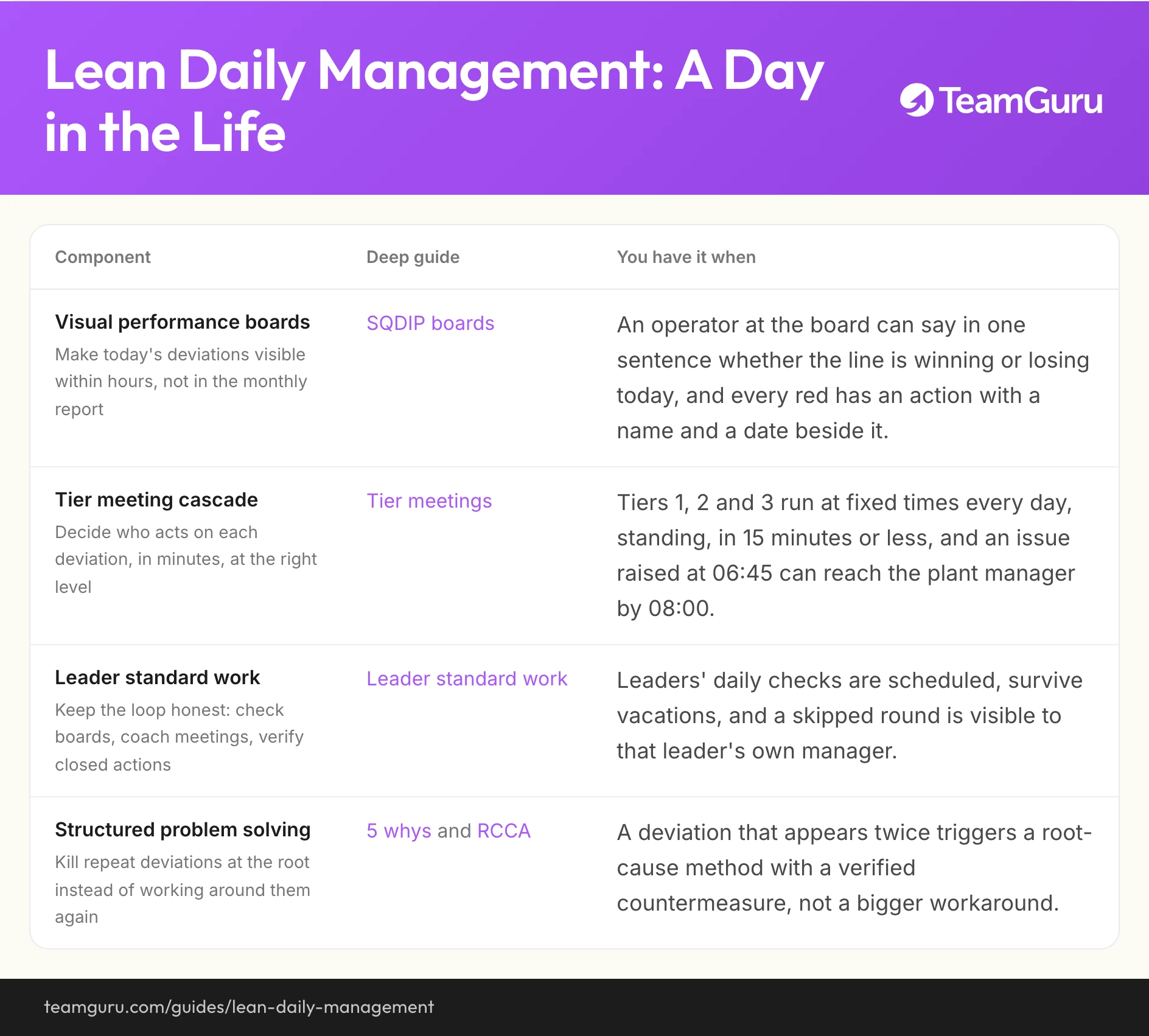 Lean Daily Management implementation diagram (TeamGuru guide)