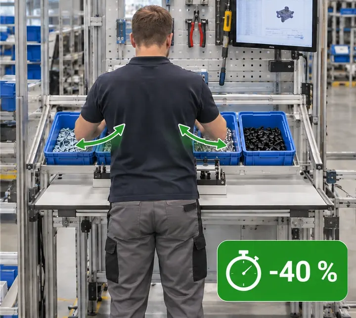 Cassette su una barra davanti all'attrezzatura. Ciclo più rapido del 40%, senza girarsi.