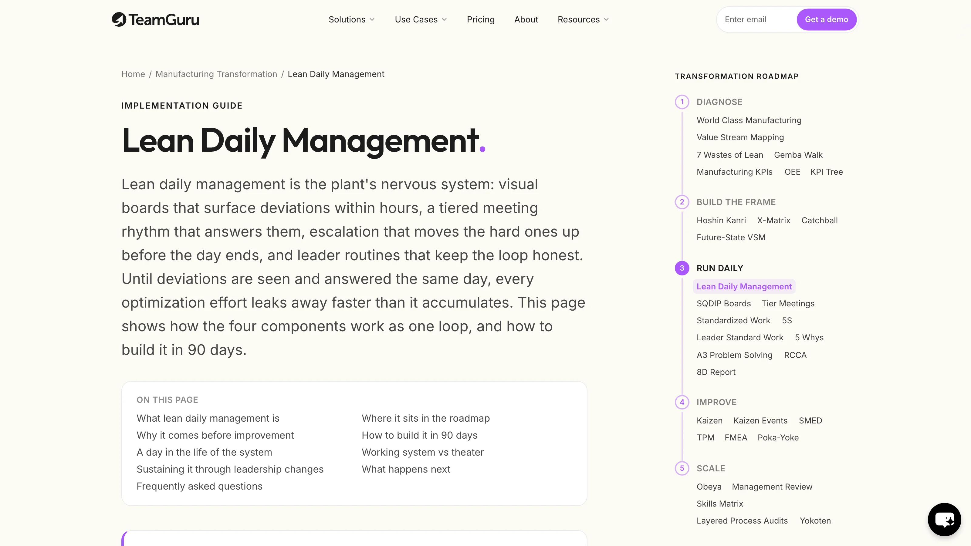 A TeamGuru implementation guide with the transformation roadmap navigation beside the article