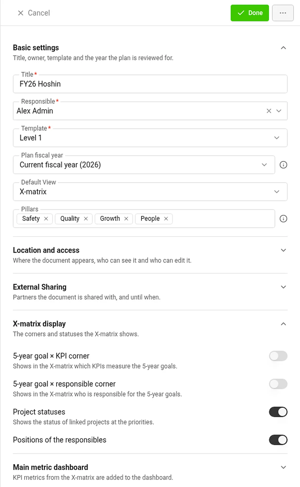 Plan settings panel with plan fiscal year, default view, pillars and X-matrix display options