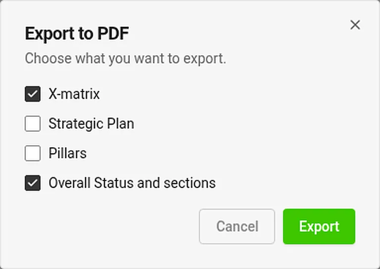 Export dialog for choosing the X-matrix, Strategic Plan, Pillars, and Overall Status and sections